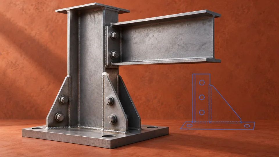 Стальная колонна с болтовыми и сварными соединениями рядом со схемой детали.